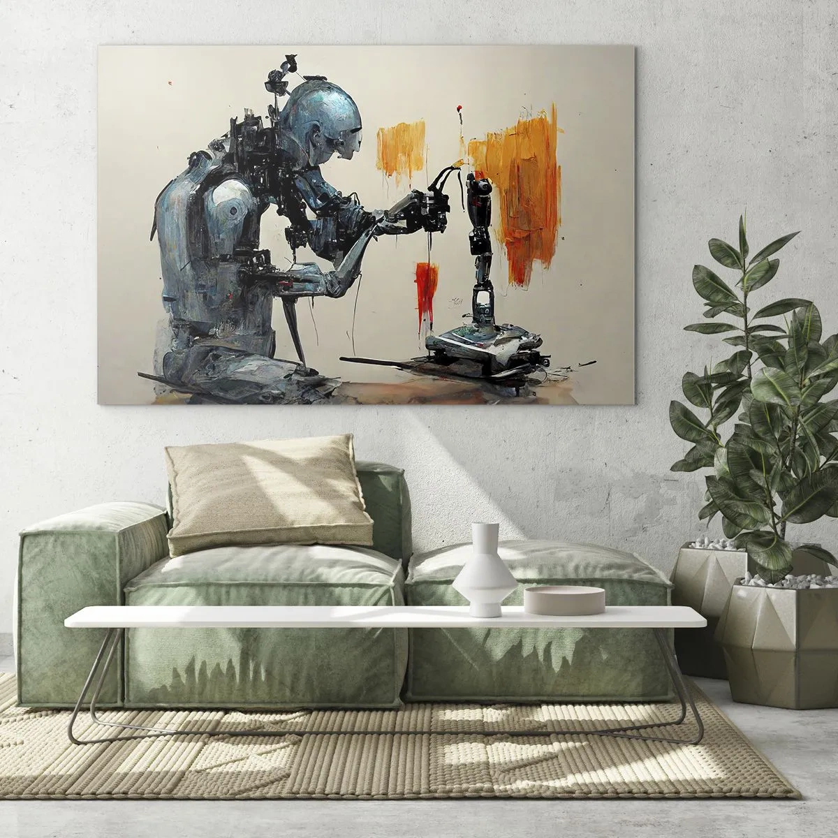 Glasbild - Bild auf glas - Ein Roboter, der eine mechanische Hand auf einen abstrakten Hintergrund malt. - 70x50cm - Schon morgen… - Moderne Wanddekoration für Wohnzimmer und Schlafzimmer ARTTOR