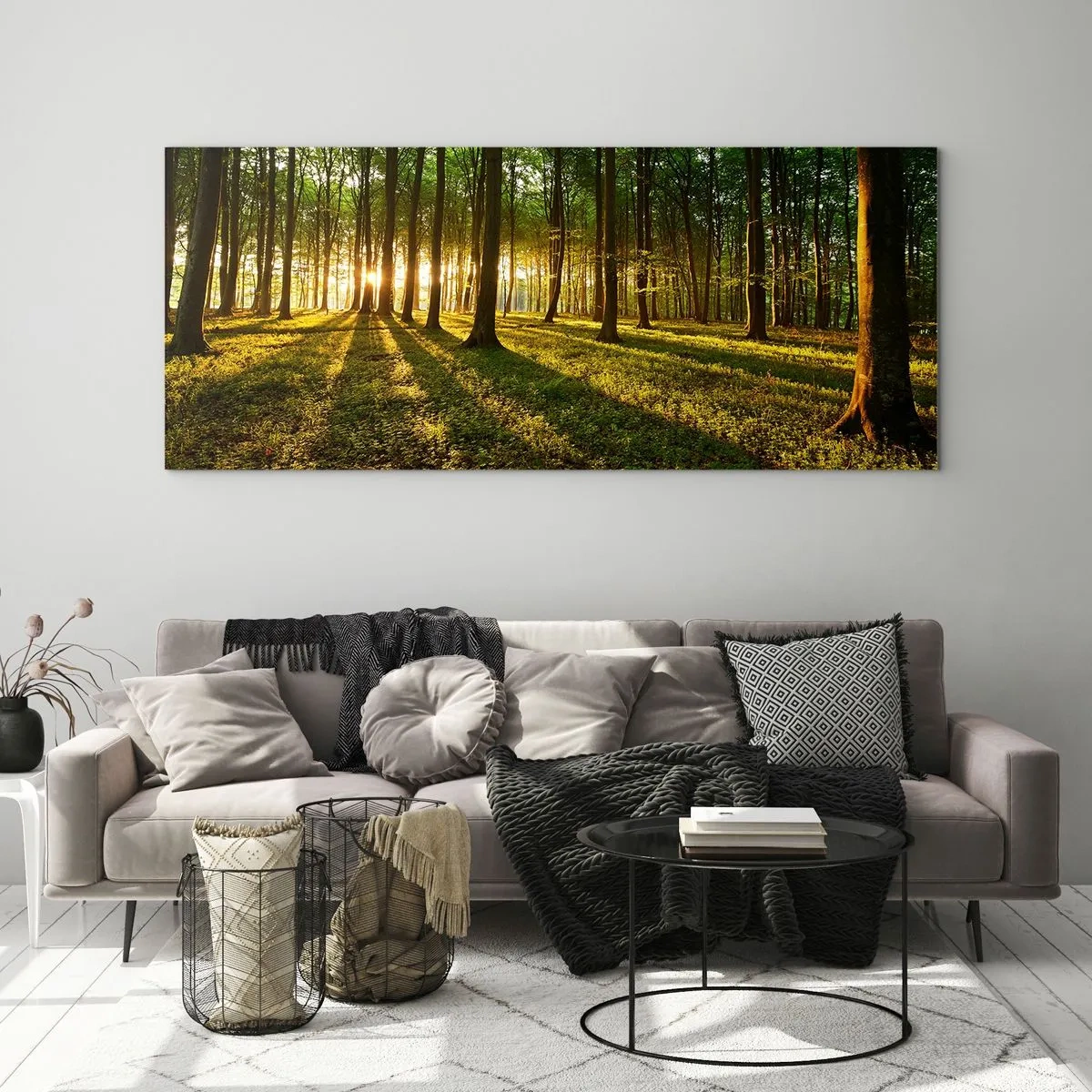 Glasbild - Bild auf glas - Die untergehende Sonne im Laubwald - 120x50cm - Alle Frühlingsfotografie - Moderne Wanddekoration für Wohnzimmer und Schlafzimmer ARTTOR