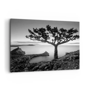 Bild auf Leinwand - Leinwandbild - Schwarz-weiße Landschaft mit einem einsamen Baum auf einer Klippe über dem Meer - 100x70cm - Stille bis zum Horizont - Moderne Wanddekoration für Wohnzimmer und Schlafzimmer ARTTOR