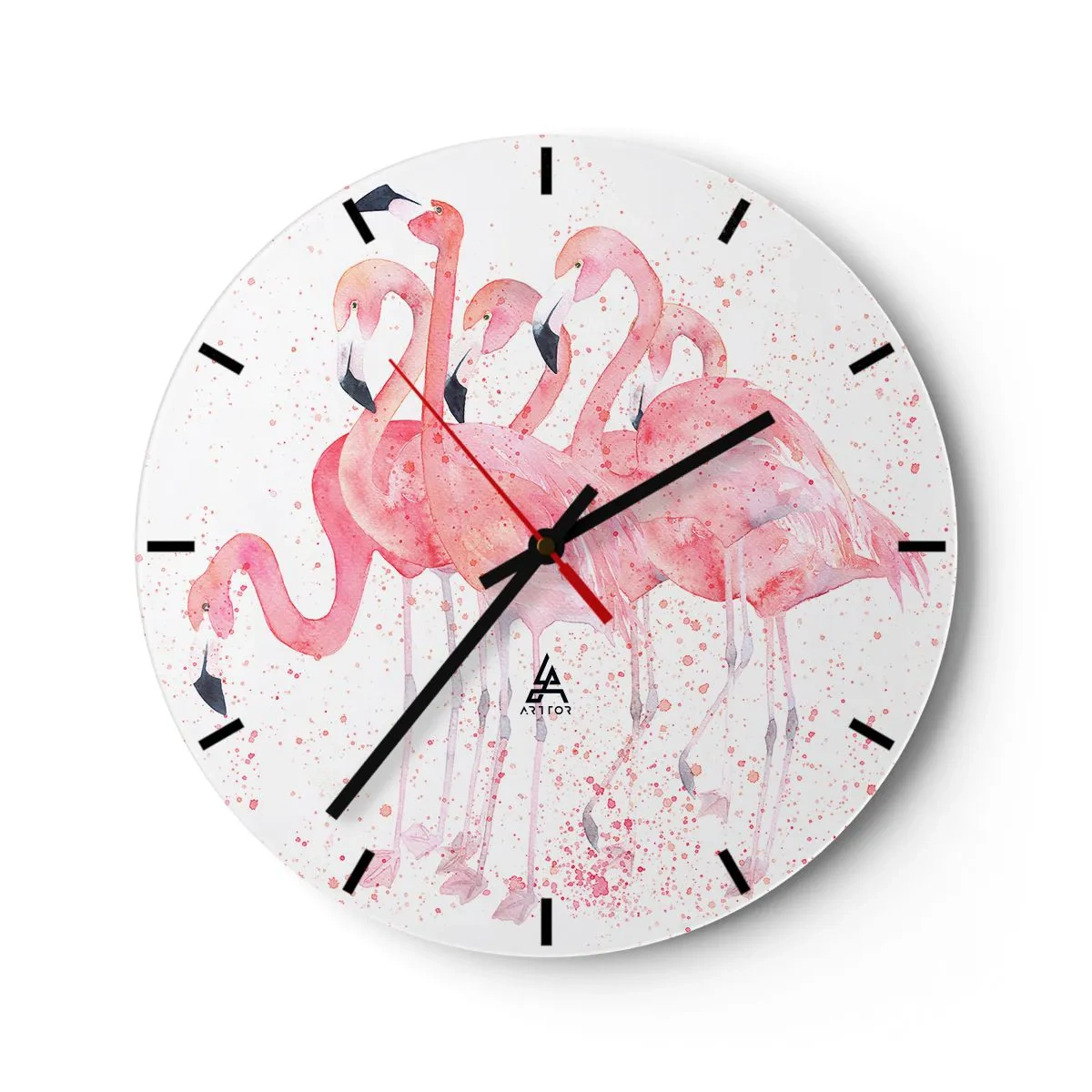 Wanduhr - Glasuhr - Eine Gruppe rosa Flamingos im künstlerischen Aquarellstil. - 30x30cm - Rosa Ensemble - Moderne Wanddekoration für Wohnzimmer, Küche und Schlafzimmer ARTTOR
