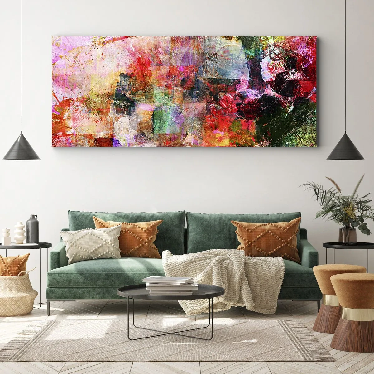Bild auf Leinwand - Leinwandbild - Eine abstrakte Komposition mit dominanten Rosa- und Rottönen. - 120x50cm - Eine Reise durch die Rosen - Moderne Wanddekoration für Wohnzimmer und Schlafzimmer ARTTOR