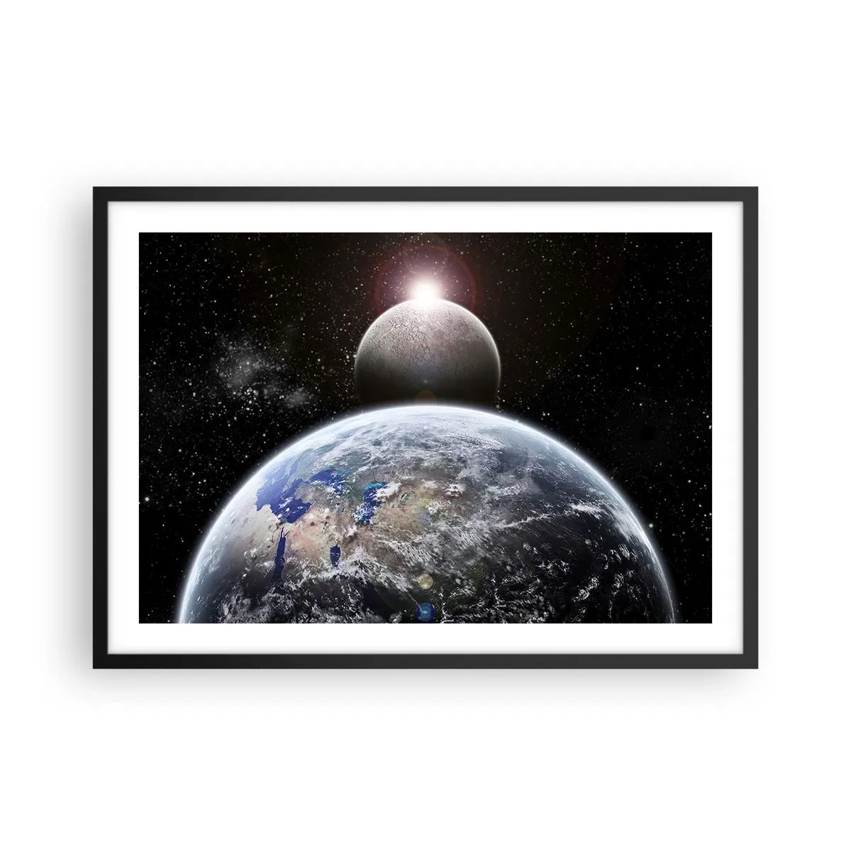 Poster in einem schwarzem Rahmen - Planet Erde und Mond vor dem Hintergrund des sternenklaren Weltraums. - 70x50cm - Weltraumlandschaft - Sonnenaufgang - Moderne Wanddekoration für Wohnzimmer und Schlafzimmer ARTTOR