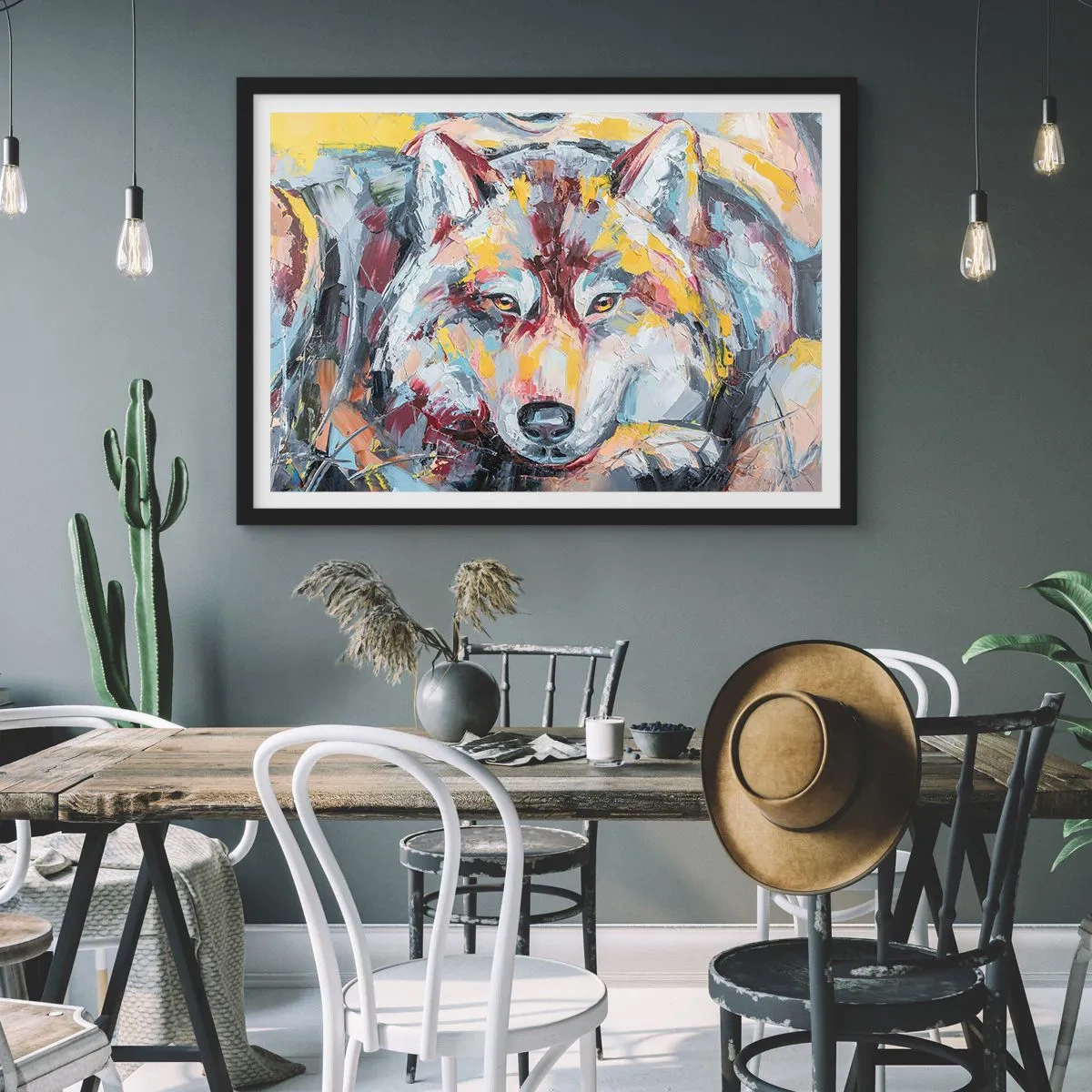 Poster in einem schwarzem Rahmen - Künstlerisches Wolfsportrait in intensiven Farben - 70x50cm - Seelenfrieden unter den Lieben - Moderne Wanddekoration für Wohnzimmer und Schlafzimmer ARTTOR