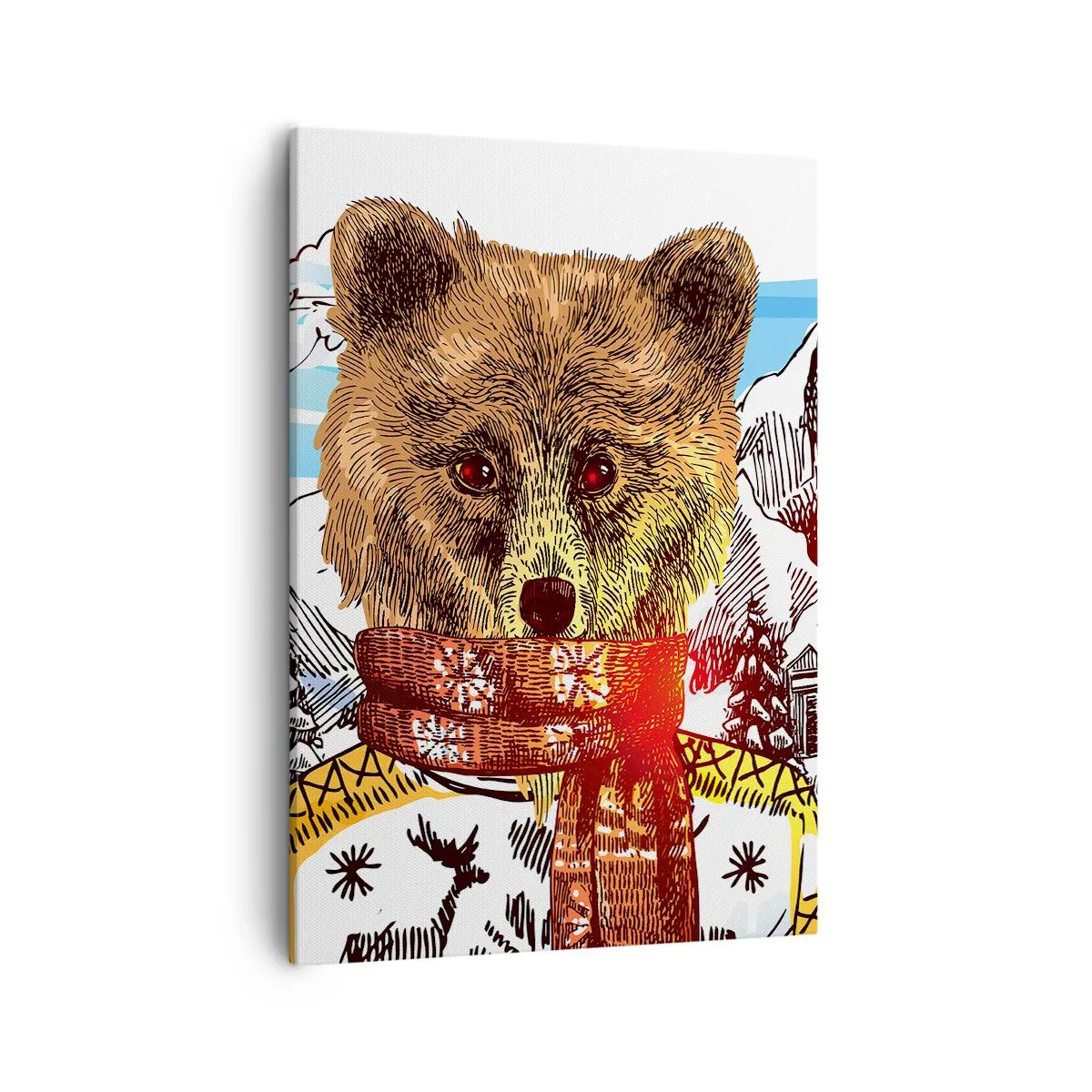 Bild auf Leinwand - Leinwandbild - Ein Bär in Pullover und Schal mit einem Berghaus im Hintergrund - 50x70cm - Die Bärenhütte - Moderne Wanddekoration für Wohnzimmer und Schlafzimmer ARTTOR