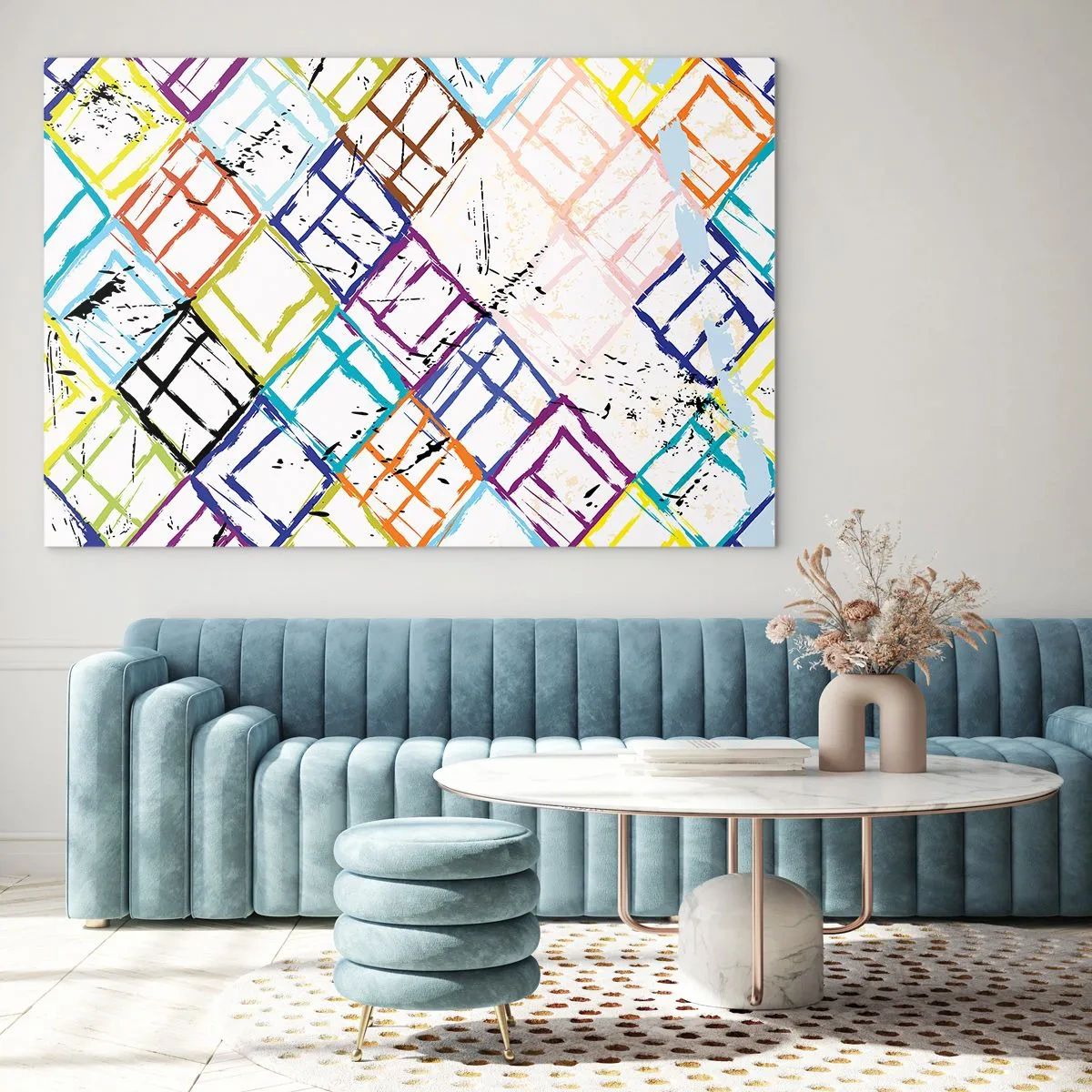 Glasbild - Bild auf glas - Abstraktes Muster mit bunten Rauten - 100x70cm - Zellen zu vermieten - Moderne Wanddekoration für Wohnzimmer und Schlafzimmer ARTTOR