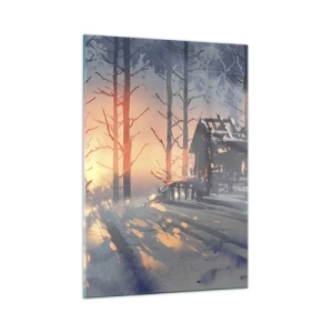 Glasbild - Bild auf glas - Winterwald bei Sonnenuntergang mit einem Häuschen im Hintergrund - 50x70cm - Hier sieht nur die Sonne rein - Moderne Wanddekoration für Wohnzimmer und Schlafzimmer ARTTOR