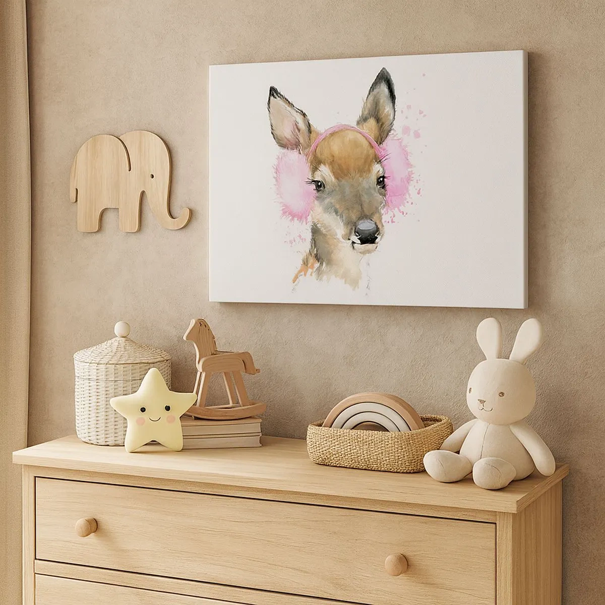 Bild auf Leinwand - Leinwandbild - Aquarell Hirsch in rosa Ohrenschützern - 70x50cm - Und der Frost ist nicht mehr schrecklich - Moderne Wanddekoration für Wohnzimmer und Schlafzimmer ARTTOR