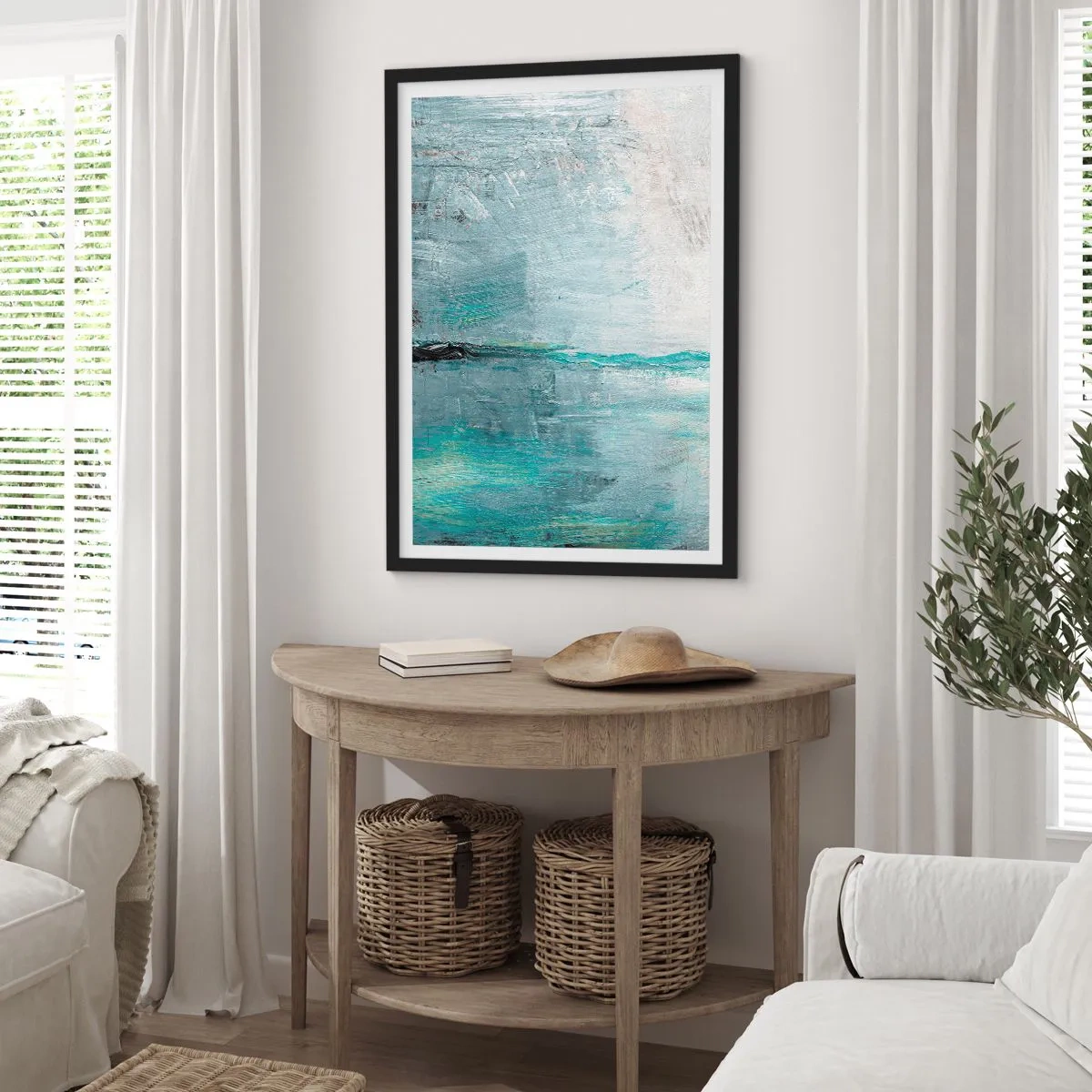 Poster in einem schwarzem Rahmen - Abstrakte Landschaft in Blau- und Grautönen - 50x70cm - Horizontal in Blau - Moderne Wanddekoration für Wohnzimmer und Schlafzimmer ARTTOR