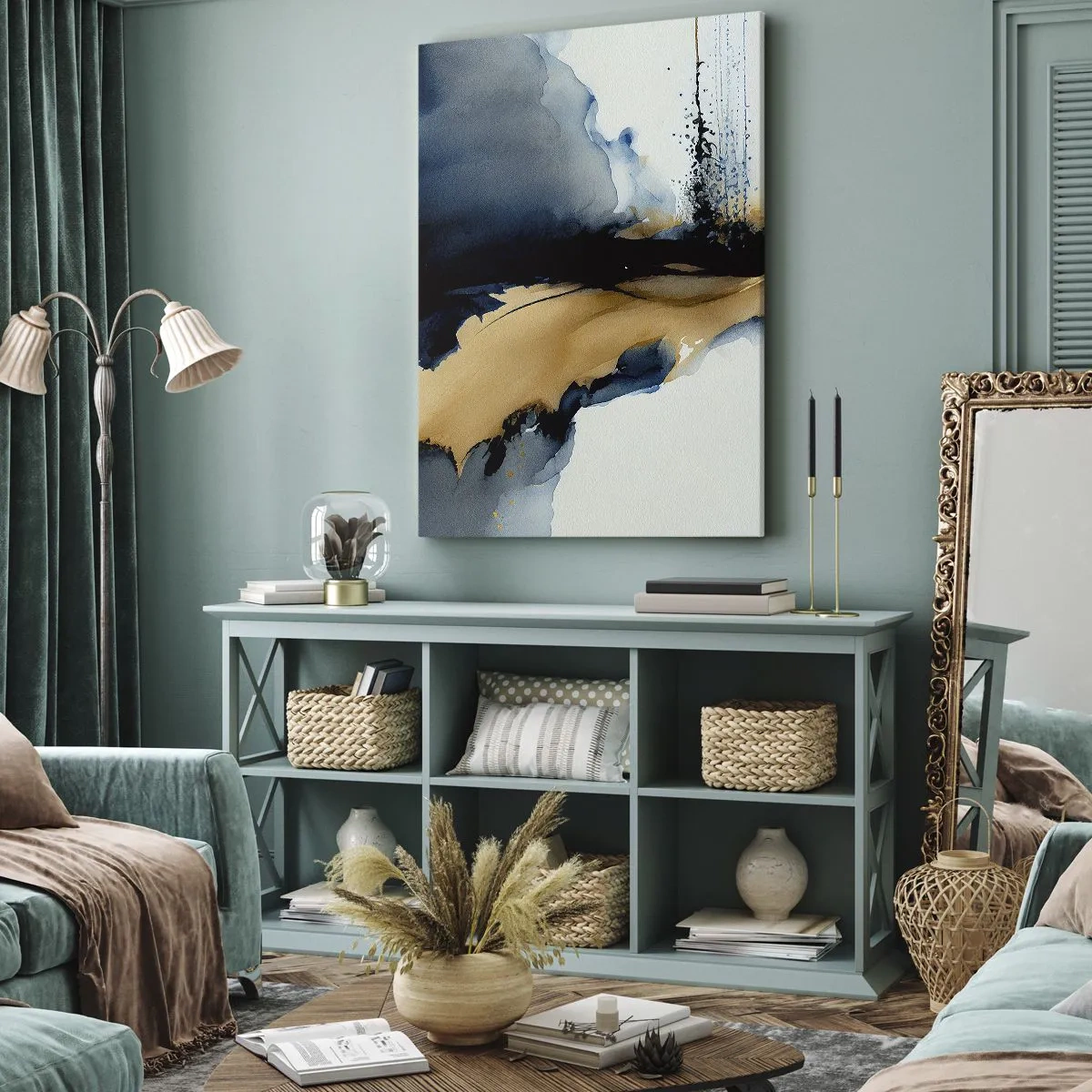 Bild auf Leinwand - Leinwandbild - Eine abstrakte Komposition in Marineblau- und Goldtönen - 70x100cm - Hinter dem Vorhang - Moderne Wanddekoration für Wohnzimmer und Schlafzimmer ARTTOR