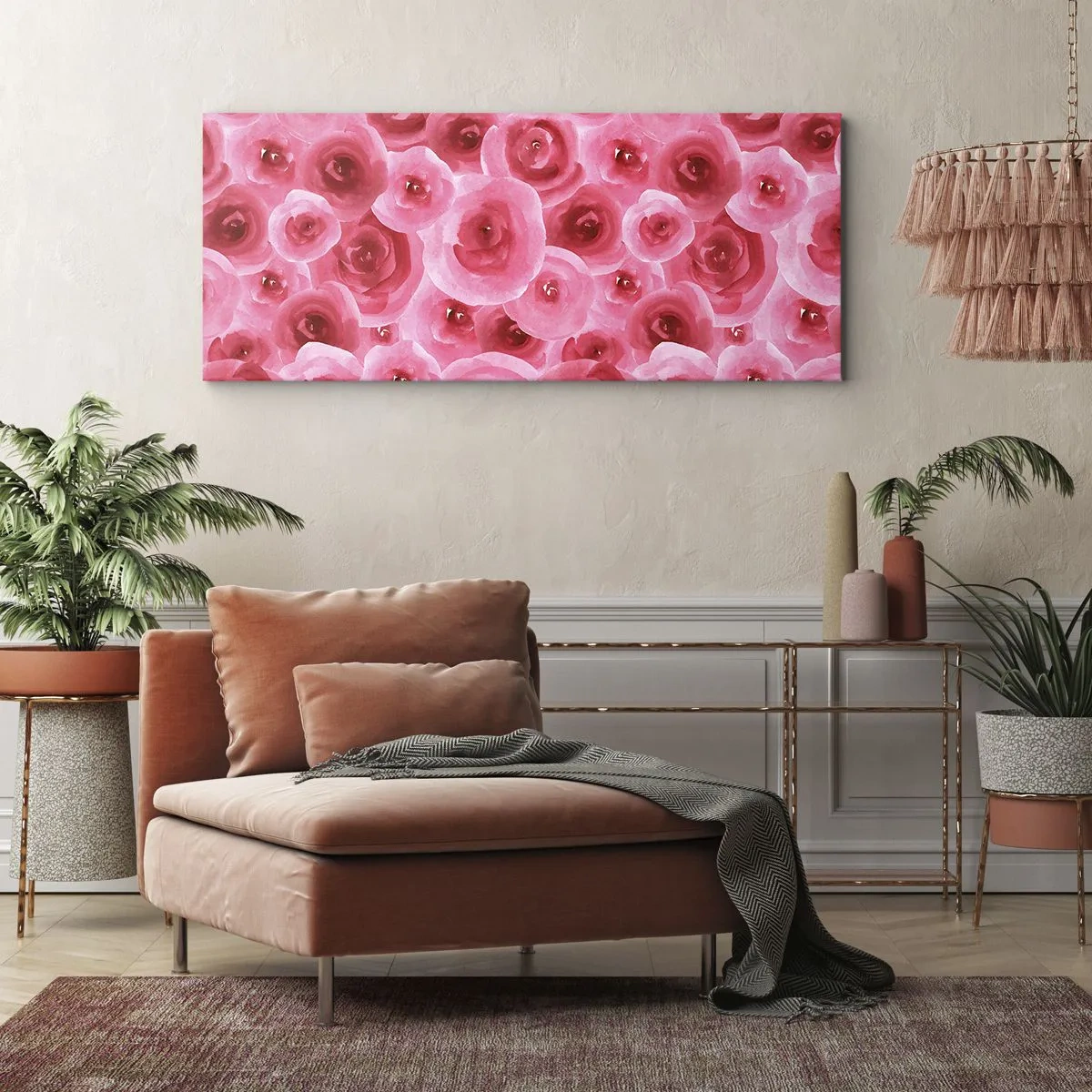 Bild auf Leinwand - Leinwandbild - Zarte Rosen in pastelligen Rosatönen - 140x50cm - Oben und unten Rosen - Moderne Wanddekoration für Wohnzimmer und Schlafzimmer ARTTOR