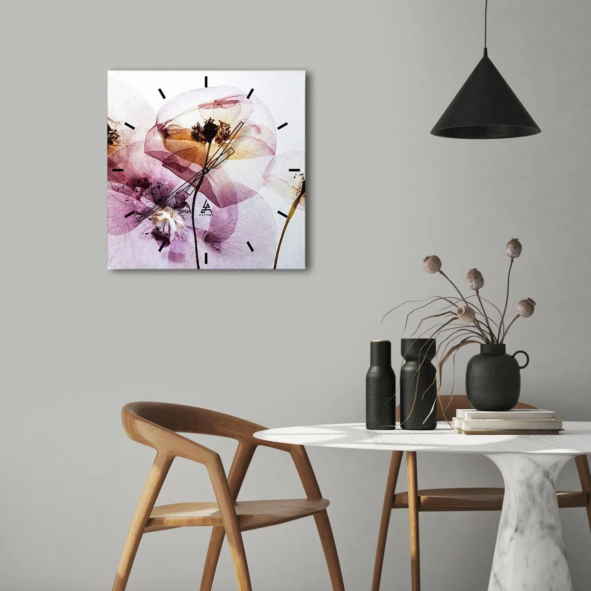 Wanduhr - Glasuhr - Zarte transparente Blüten in Pastelltönen - 30x30cm - Transparente Körperblumen - Moderne Wanddekoration für Wohnzimmer und Schlafzimmer ARTTOR