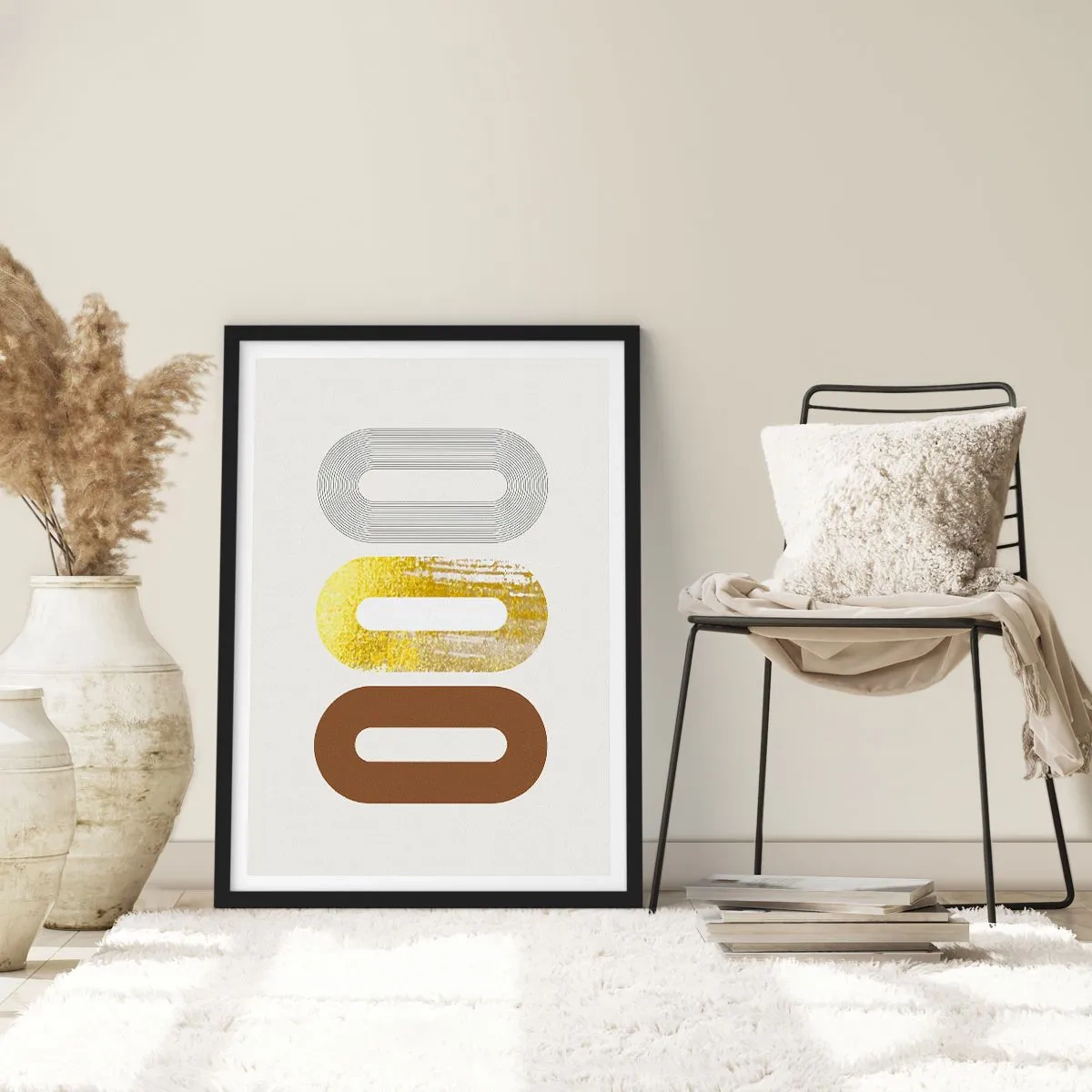 Poster in einem schwarzem Rahmen - Geometrische Formen in Gold-, Braun- und Grautönen - 50x70cm - Oooh! - Moderne Wanddekoration für Wohnzimmer und Schlafzimmer ARTTOR