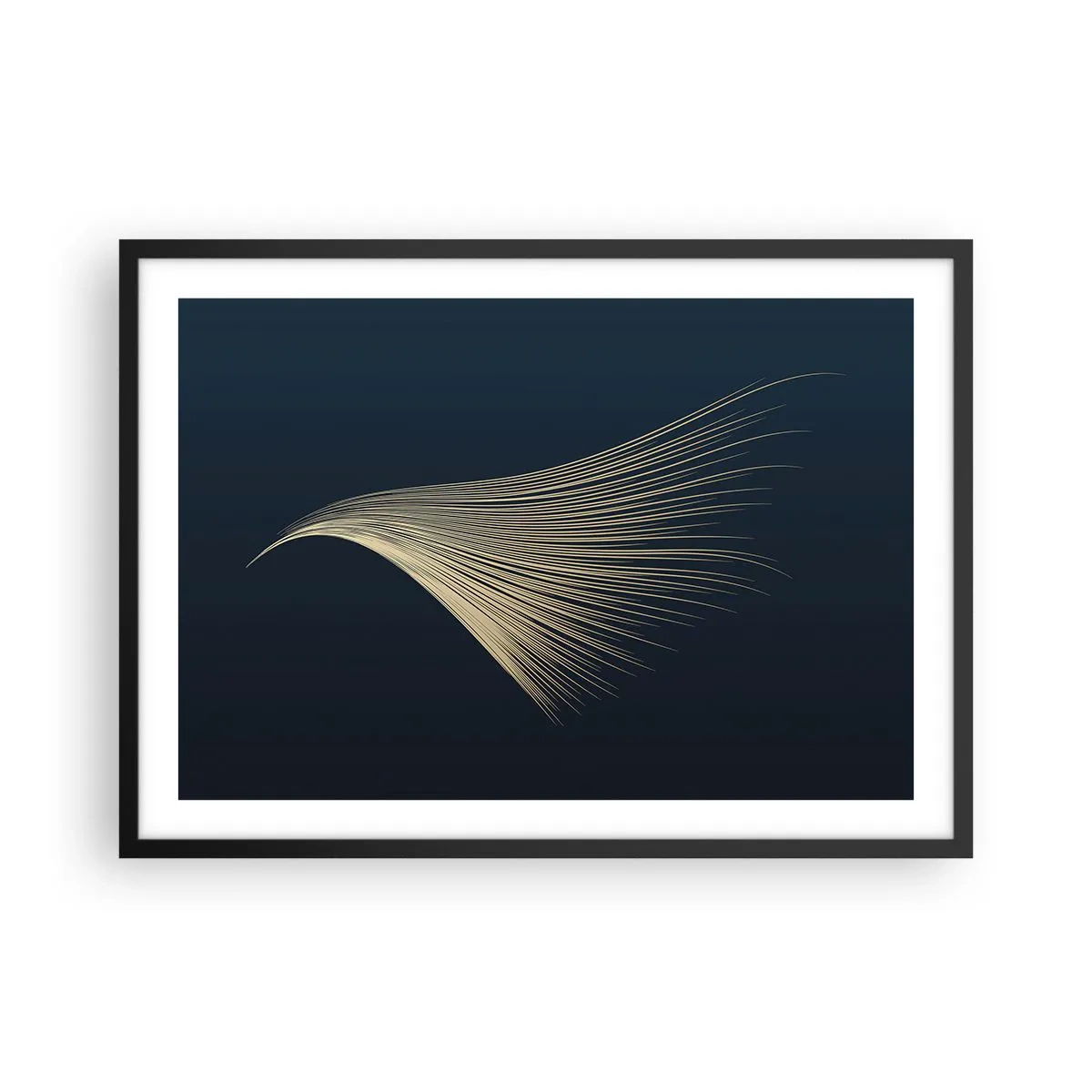 Poster in einem schwarzem Rahmen - Eine zarte federähnliche Linie auf marineblauem Hintergrund - 70x50cm - Wie das Haar eines Engels - Moderne Wanddekoration für Wohnzimmer und Schlafzimmer ARTTOR