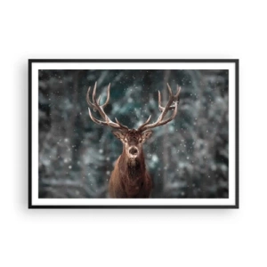 Poster in einem schwarzem Rahmen - Hirsche in einem Winterwald mit fallendem Schnee - 100x70cm - Gekrönter König des Waldes - Moderne Wanddekoration für Wohnzimmer und Schlafzimmer ARTTOR