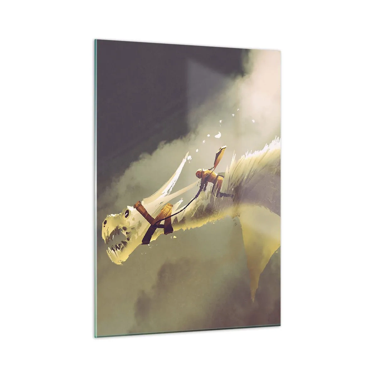 Glasbild - Bild auf glas - Eine Figur auf dem Rücken eines weißen Drachen in einer nebligen Landschaft - 50x70cm - Die Welt zur Rettung - Moderne Wanddekoration für Wohnzimmer und Schlafzimmer ARTTOR