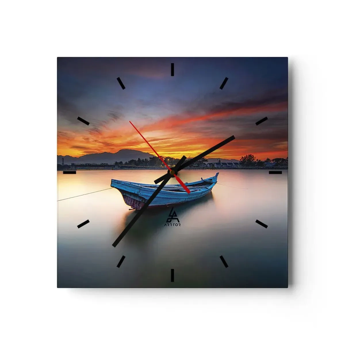 Wanduhr - Glasuhr - Ein Boot auf dem Wasser während eines malerischen Sonnenuntergangs - 30x30cm - Eine gute Nacht kommt - Moderne Wanddekoration für Wohnzimmer und Schlafzimmer ARTTOR