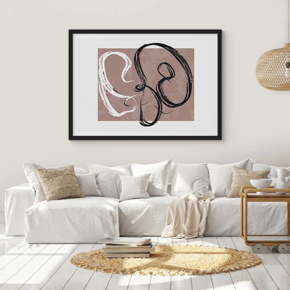 Poster in einem schwarzem Rahmen - Schwarz-weiße Abstraktion auf beigem Hintergrund - 70x50cm - Komposition – die Suche nach Fülle - Moderne Wanddekoration für Wohnzimmer und Schlafzimmer ARTTOR
