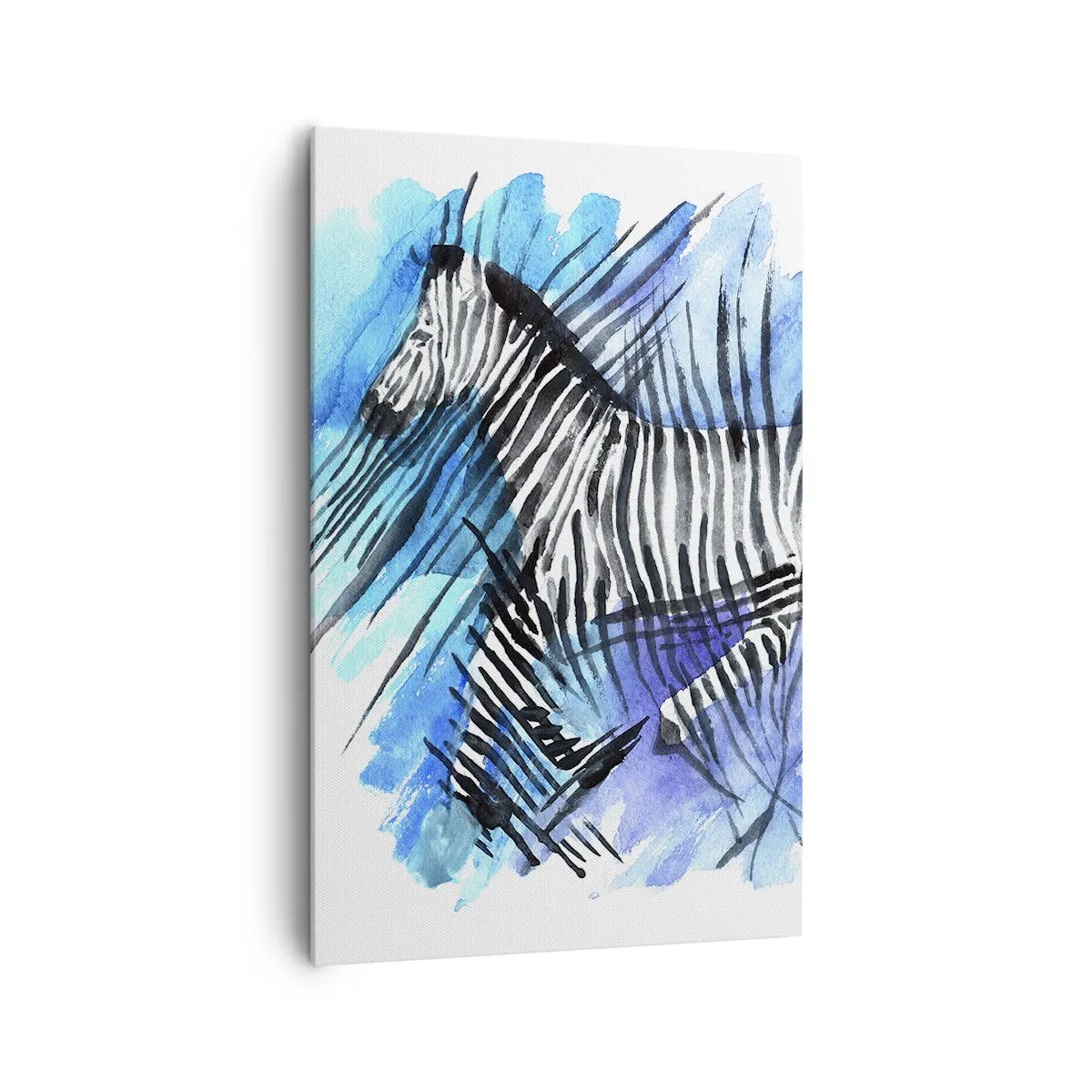 Bild auf Leinwand - Leinwandbild - Aquarell-Illustration eines Zebras vor blauem Himmel - 80x120cm - In Streifen versteckt - Moderne Wanddekoration für Wohnzimmer und Schlafzimmer ARTTOR