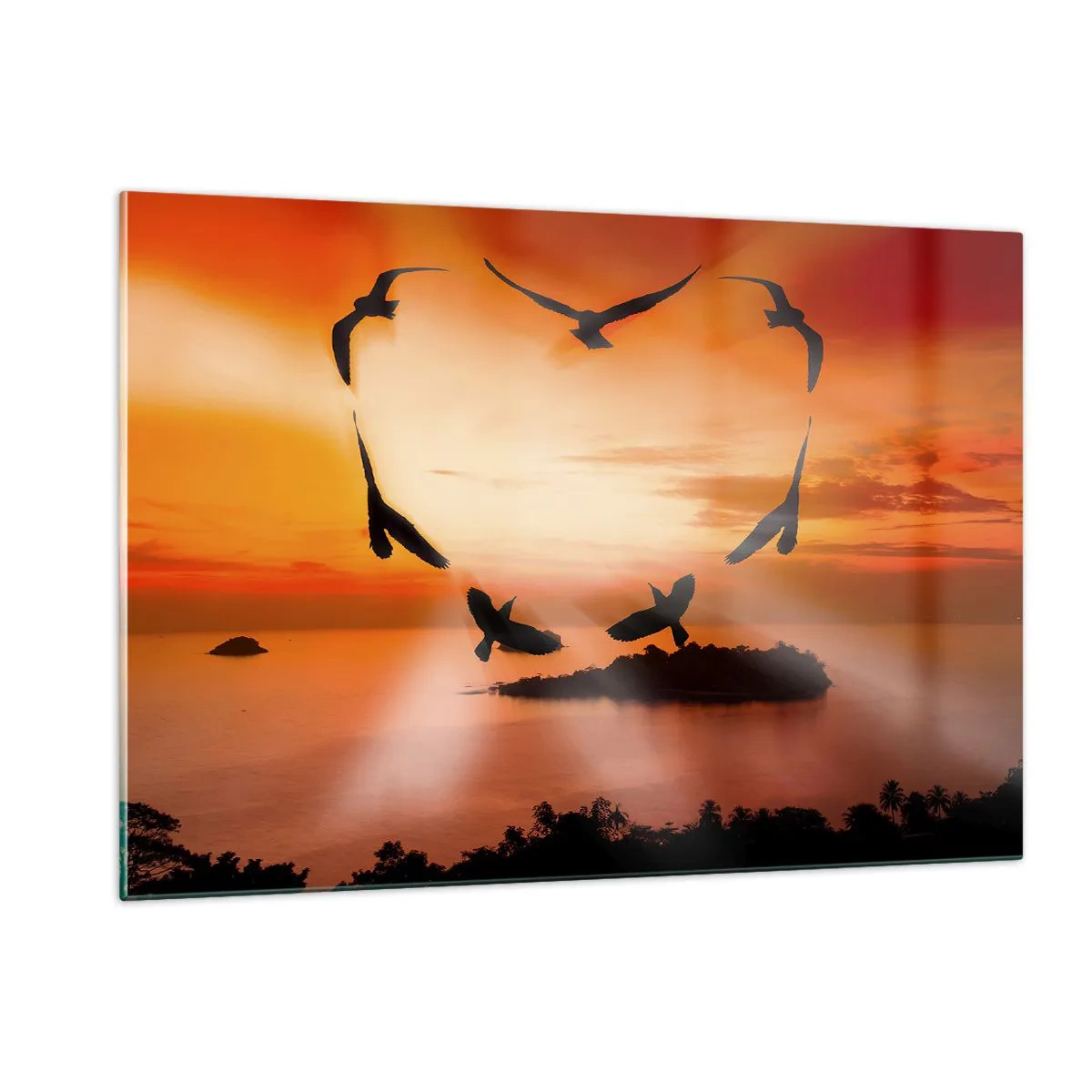 Glasbild - Bild auf glas - Vögel bilden ein Herz vor dem Hintergrund eines Sonnenuntergangs - 120x80cm - Liebe die Welt wie Vögel - Moderne Wanddekoration für Wohnzimmer und Schlafzimmer ARTTOR