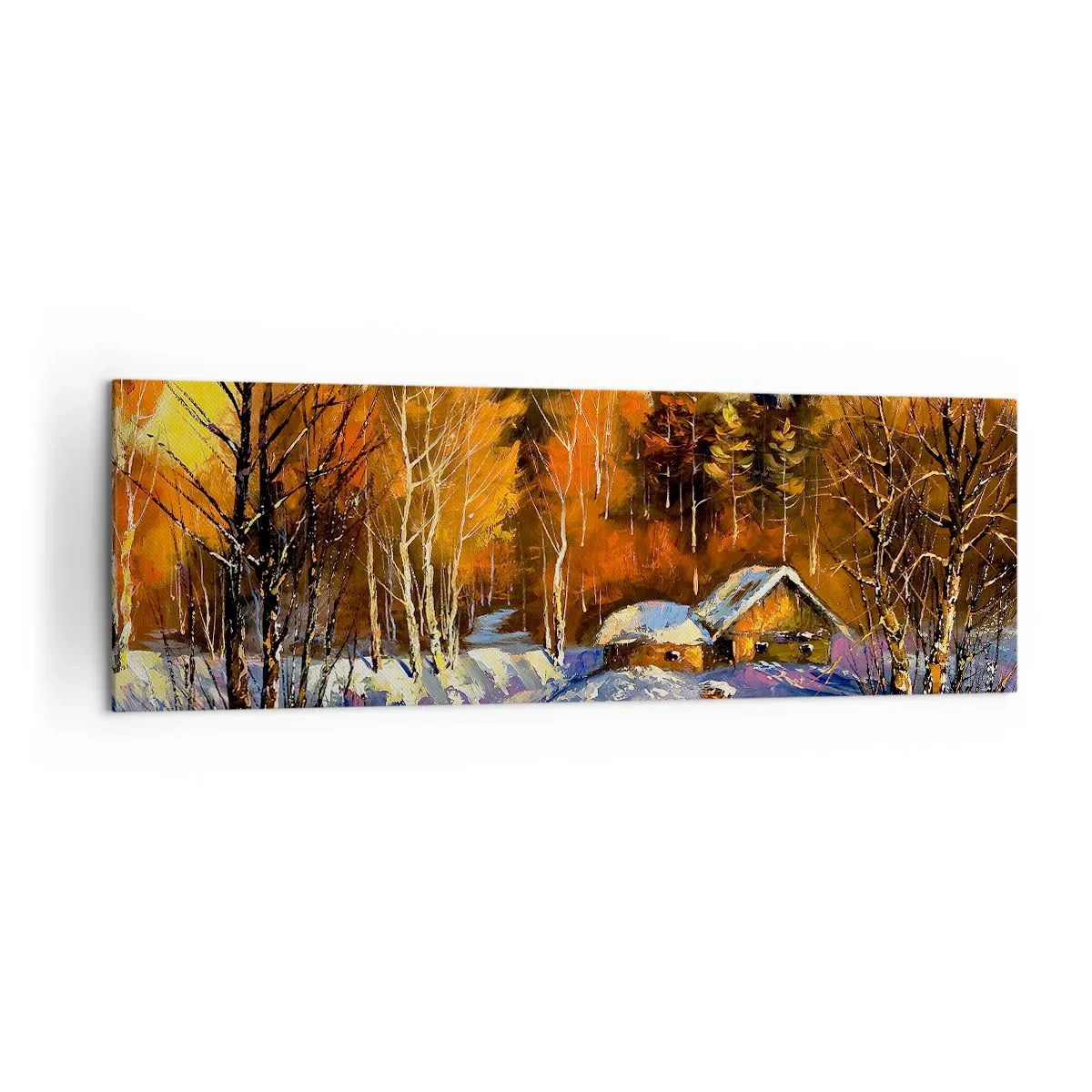 Bild auf Leinwand - Leinwandbild - Winterlandschaft mit einem Haus im Licht der untergehenden Sonne - 160x50cm - Wintereindruck in der Sonne - Moderne Wanddekoration für Wohnzimmer und Schlafzimmer ARTTOR