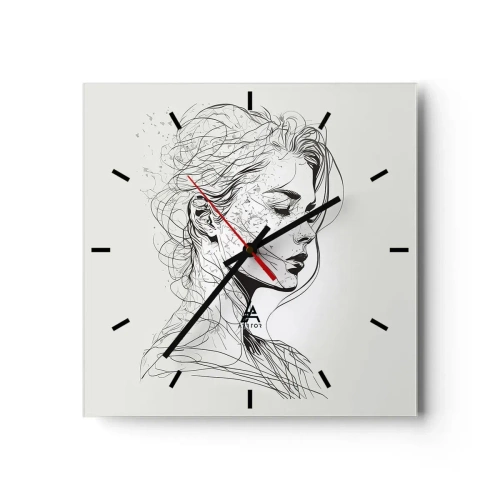 Wanduhr - Glasuhr - Ein zartes Frauenporträt im minimalistischen Grafikstil. - 30x30cm - Porträt im Gedanken - Moderne Wanddekoration für Wohnzimmer und Schlafzimmer ARTTOR