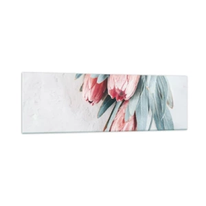 Glasbild - Bild auf glas - Dezente rosa Protea-Blüten auf hellem Hintergrund - 160x50cm - Schämen sich für ihre eigene Schönheit - Moderne Wanddekoration für Wohnzimmer und Schlafzimmer ARTTOR