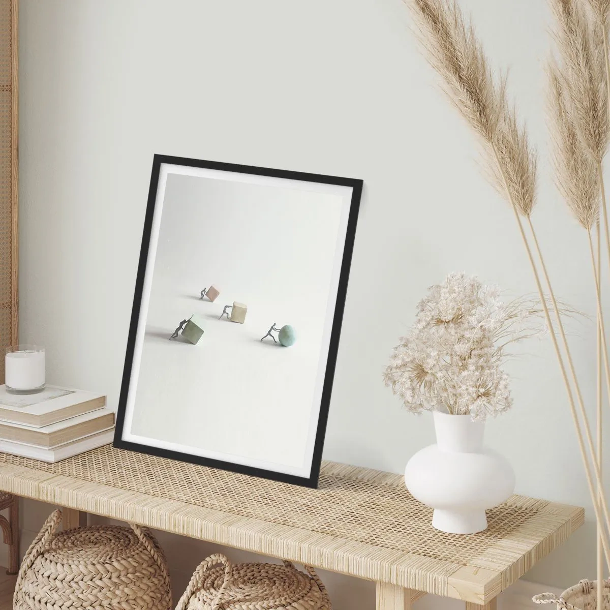 Poster in einem schwarzem Rahmen - Miniaturfiguren, die bunte geometrische Formen schieben - 50x70cm - Pures Leben - Moderne Wanddekoration für Wohnzimmer und Schlafzimmer ARTTOR