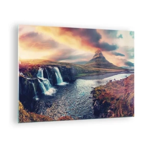 Glasbild - Bild auf glas - Wasserfall und Berg bei Sonnenuntergang in der isländischen Landschaft - 70x50cm - In der Majestät der Natur - Moderne Wanddekoration für Wohnzimmer und Schlafzimmer ARTTOR
