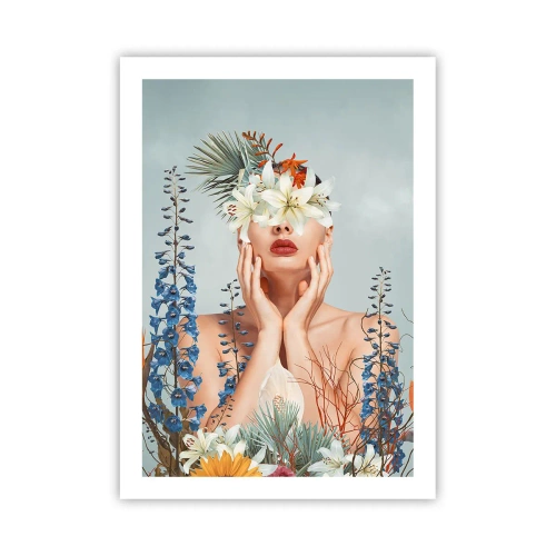 Poster - Eine Frau, umgeben von Blumen in einer surrealen Komposition - 50x70cm - Frau - Blume - Moderne Wanddekoration für Wohnzimmer und Schlafzimmer ARTTOR