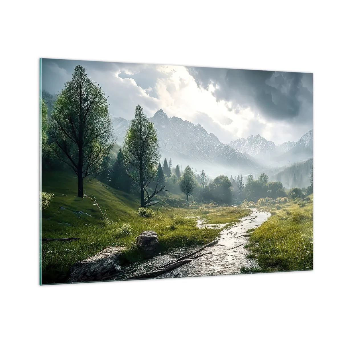 Glasbild - Bild auf glas - Eine Berglandschaft mit einem Bach und einem grünen Tal am Morgen - 100x70cm - Hin und zurück - Moderne Wanddekoration für Wohnzimmer und Schlafzimmer ARTTOR