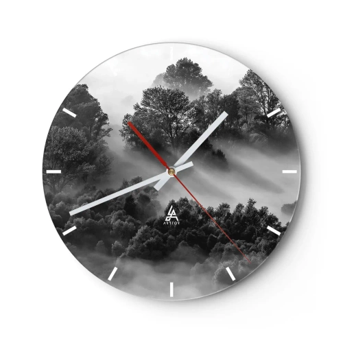 Wanduhr - Glasuhr - Schwarz-weiße Berglandschaft mit Nebel im Wald - 30x30cm - Aufstehend aus dem Schlaf - Moderne Wanddekoration für Wohnzimmer, Küche und Schlafzimmer ARTTOR