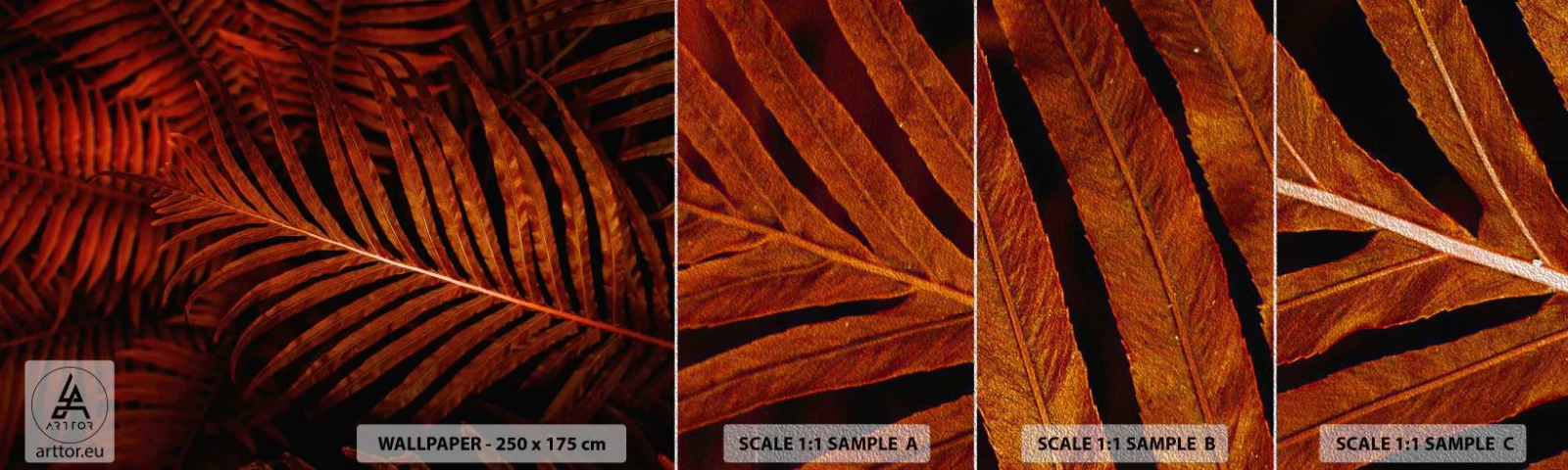 Fototapeten Muster Premium Sand - Die Hitze des Lebens - Abstraktion, Palmenblätter, Tropische Pflanze - 100x30 cm