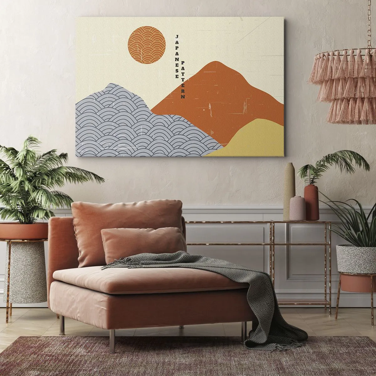 Bild auf Leinwand - Leinwandbild - Japanische Muster mit Bergen, Sonne und minimalistischem Stil - 120x80cm - Im japanischen Geist - Moderne Wanddekoration für Wohnzimmer und Schlafzimmer ARTTOR