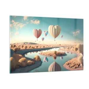 Glasbild - Bild auf glas - Herzförmige Ballons über einer Märchenlandschaft mit Fluss - 120x80cm - Dank Liebe steigt man auf - Moderne Wanddekoration für Wohnzimmer und Schlafzimmer ARTTOR