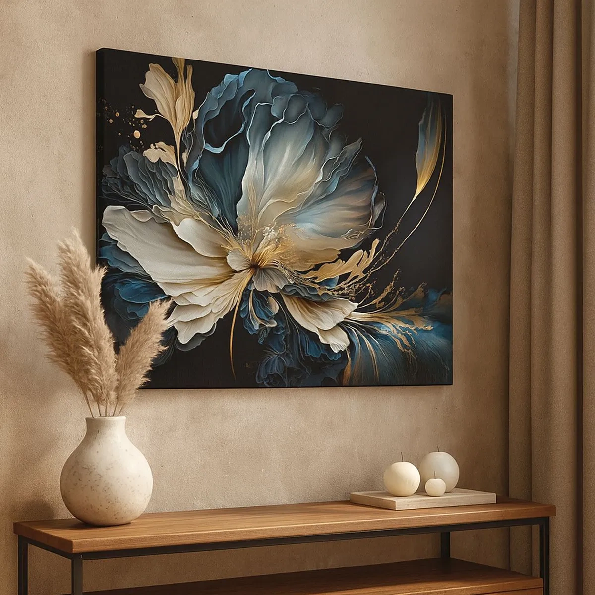 Bild auf Leinwand - Leinwandbild - Eine Blume in Gold- und Marineblautönen auf schwarzem Hintergrund - 70x50cm - Märchenhafte Farnblume - Moderne Wanddekoration für Wohnzimmer und Schlafzimmer ARTTOR
