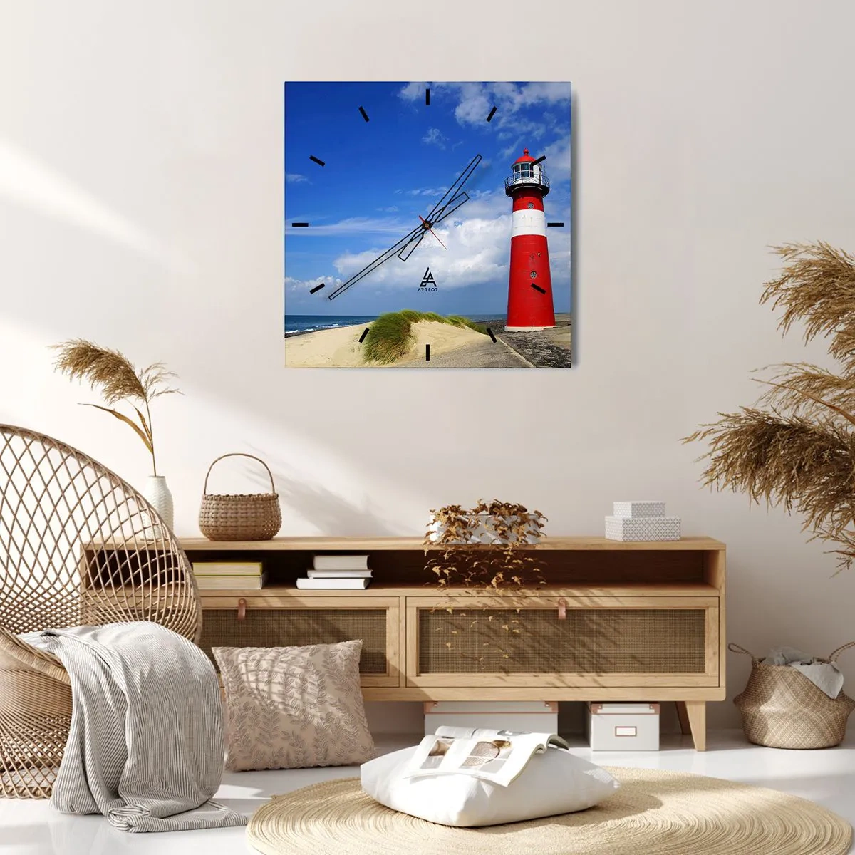 Wanduhr - Glasuhr - Roter Leuchtturm am Strand unter blauem Himmel - 30x30cm - Traum Einsamkeit - Moderne Wanddekoration für Wohnzimmer und Schlafzimmer ARTTOR