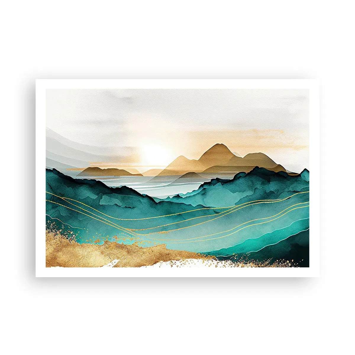 Poster - Abstrakte Landschaft mit Bergen und goldenen Akzenten - 100x70cm - Am Rande der Abstraktion – Landschaft - Moderne Wanddekoration für Wohnzimmer und Schlafzimmer ARTTOR