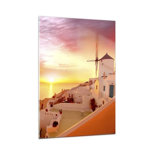 Glasbild - Bild auf glas - Sonnenuntergang über Santorini mit weißen Gebäuden und einer Windmühle - 50x70cm - In Weiß und Gold schmelzen - Moderne Wanddekoration für Wohnzimmer und Schlafzimmer ARTTOR