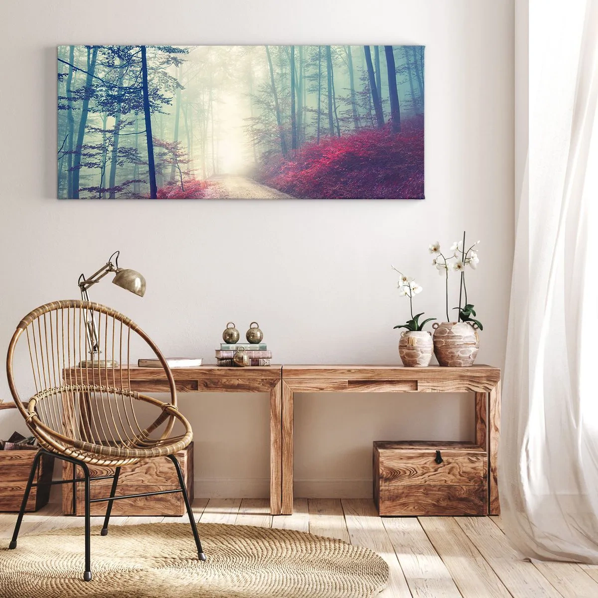 Bild auf Leinwand - Leinwandbild - Ein magischer Waldweg, umgeben von Bäumen und Nebel - 160x50cm - Wie gut ist es, im Morgengrauen aufzustehen - Moderne Wanddekoration für Wohnzimmer und Schlafzimmer ARTTOR
