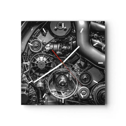 Wanduhr - Glasuhr - Schwarz-Weiß-Nahaufnahme der mechanischen Details eines Automotors. - 30x30cm - Die Poesie der Mechanik - Moderne Wanddekoration für Wohnzimmer und Schlafzimmer ARTTOR