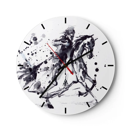 Wanduhr - Glasuhr - Schwarz-weißer Aquarell-Reiter - 30x30cm - Schwarzer Ritter - Moderne Wanddekoration für Wohnzimmer, Küche und Schlafzimmer ARTTOR