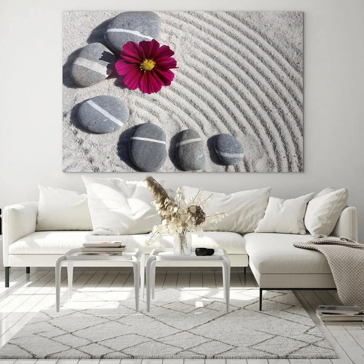 Glasbild - Bild auf glas - Steine mit weißen Streifen und einer lila Blume auf dem Sand im Zen-Stil - 120x80cm - Energie und Ruhe des Zauberkreises der Natur - Moderne Wanddekoration für Wohnzimmer und Schlafzimmer ARTTOR