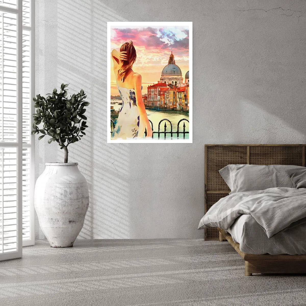 Poster - Eine Frau bewundert den Blick auf eine historische Stadt bei Sonnenuntergang - 50x70cm - Als Abenteuer nur in ... - Moderne Wanddekoration für Wohnzimmer und Schlafzimmer ARTTOR
