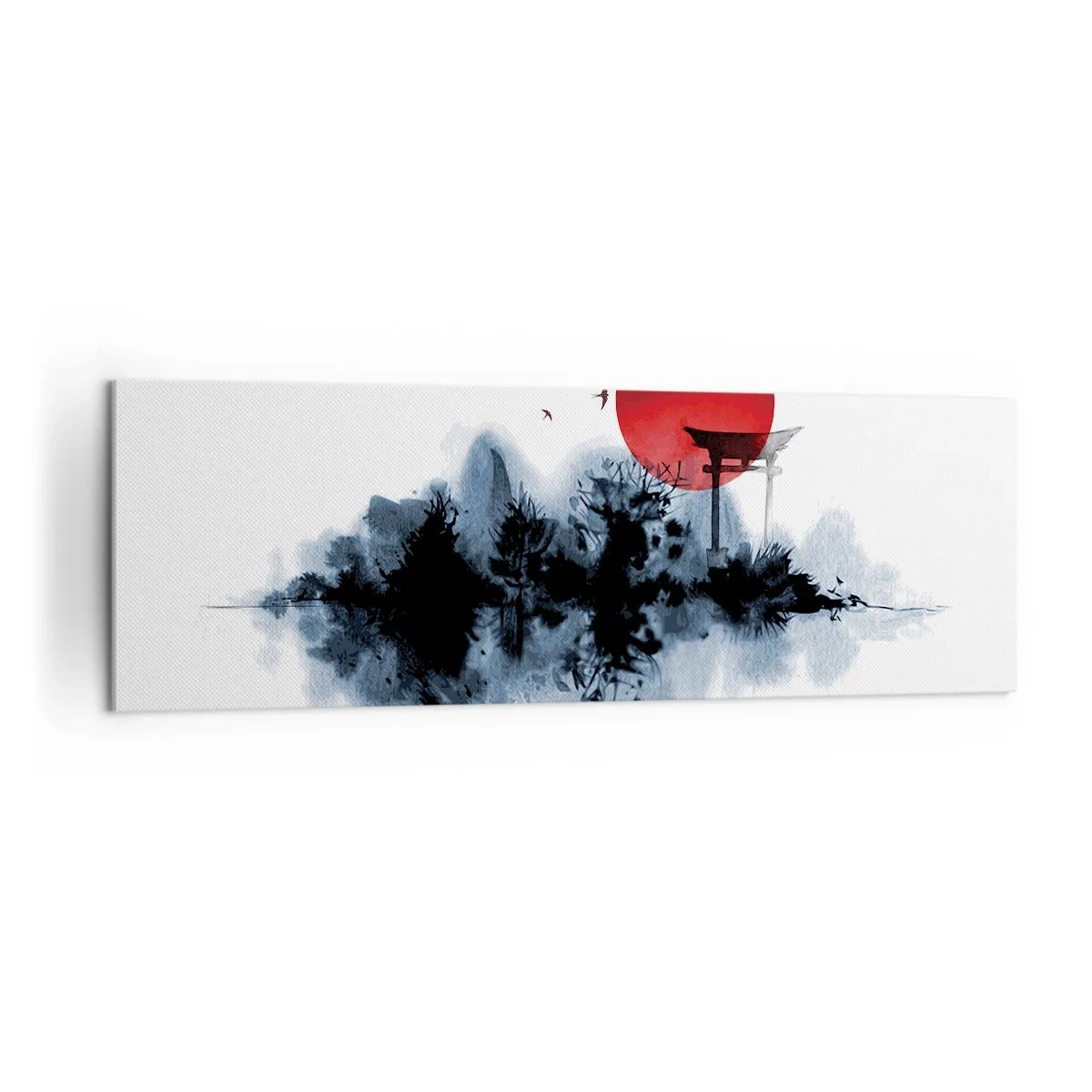 Bild auf Leinwand - Leinwandbild - Rote Sonne über einer malerischen Landschaft mit Torii - 160x50cm - Japanische Sicht - Moderne Wanddekoration für Wohnzimmer und Schlafzimmer ARTTOR