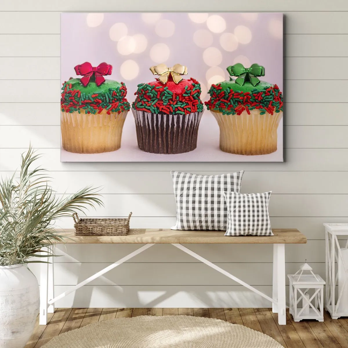 Bild auf Leinwand - Leinwandbild - Weihnachts-Cupcakes mit bunten Streuseln und Schleifen - 70x50cm - Süßigkeiten bis zu der Schleife - Moderne Wanddekoration für Wohnzimmer und Schlafzimmer ARTTOR