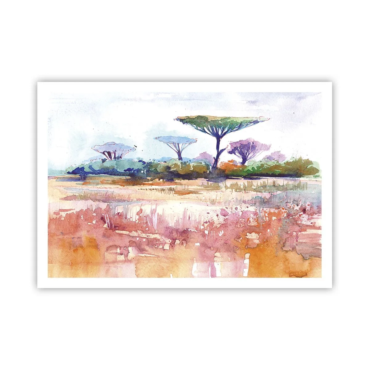 Poster - Eine malerische Savannenlandschaft in Aquarellfarben - 100x70cm - Savannah-Farben - Moderne Wanddekoration für Wohnzimmer und Schlafzimmer ARTTOR