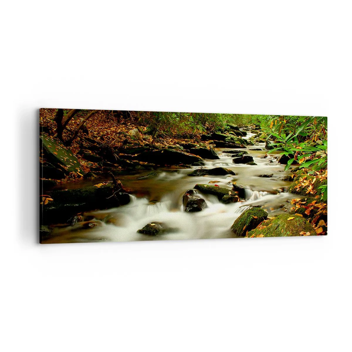Bild auf Leinwand - Leinwandbild - Ein Waldbach, der zwischen Steinen fließt, umgeben von Grün - 120x50cm - Wie flüssiges Silber - Moderne Wanddekoration für Wohnzimmer und Schlafzimmer ARTTOR