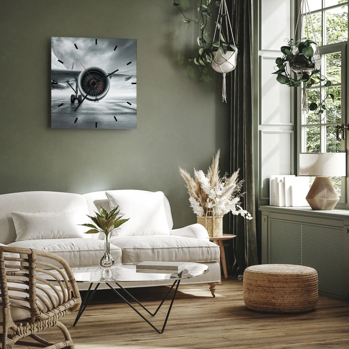 Wanduhr - Glasuhr - Das Düsentriebwerk eines Flugzeugs auf dem Rollfeld - 30x30cm - Die Macht ist da! - Moderne Wanddekoration für Wohnzimmer und Schlafzimmer ARTTOR