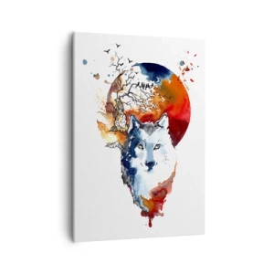 Bild auf Leinwand - Leinwandbild - Abstraktes Aquarell eines Wolfes vor einem roten Mond - 50x70cm - Nase an Nase mit der Nacht - Moderne Wanddekoration für Wohnzimmer und Schlafzimmer ARTTOR