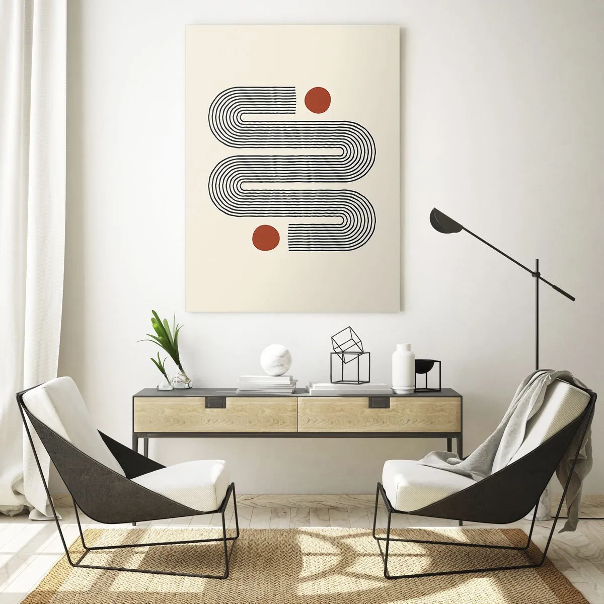 Glasbild - Bild auf glas - Minimalistisches Linienmuster mit roten Punkten - 50x70cm - Vom Anfang bis zum Ende - Moderne Wanddekoration für Wohnzimmer und Schlafzimmer ARTTOR